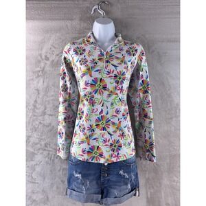 IBKUL Golf Shirt Womens Size Small White Floral Zip UPF 50+ Long Sleeve